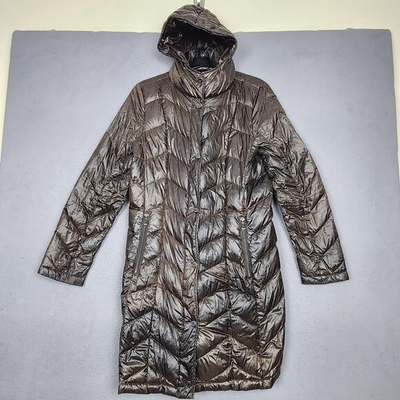 Calvin Klein Puffer Jacket Womens Small Brown Packable Lightweight Down Hooded - Picture 1 of 16